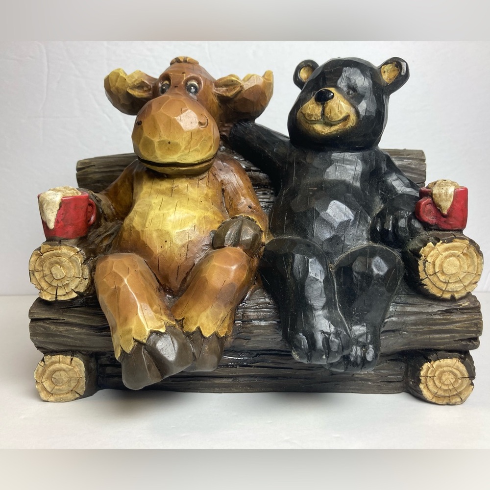 Bear and Moose Figurine Statue.  Looks like a Wood Carving, but Not Wood.